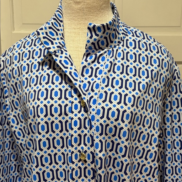 Jude Connally sz L Belinda Terrace Geo BorderBeacon Blue NWT top - Picture 4 of 12